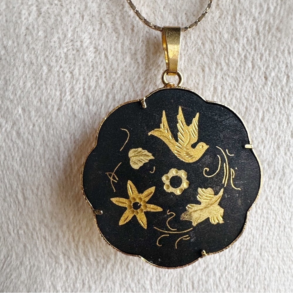 Damascene Vintage Black and Gold Bird Floral Nature Pendant on CHAIN GOLD-TONE